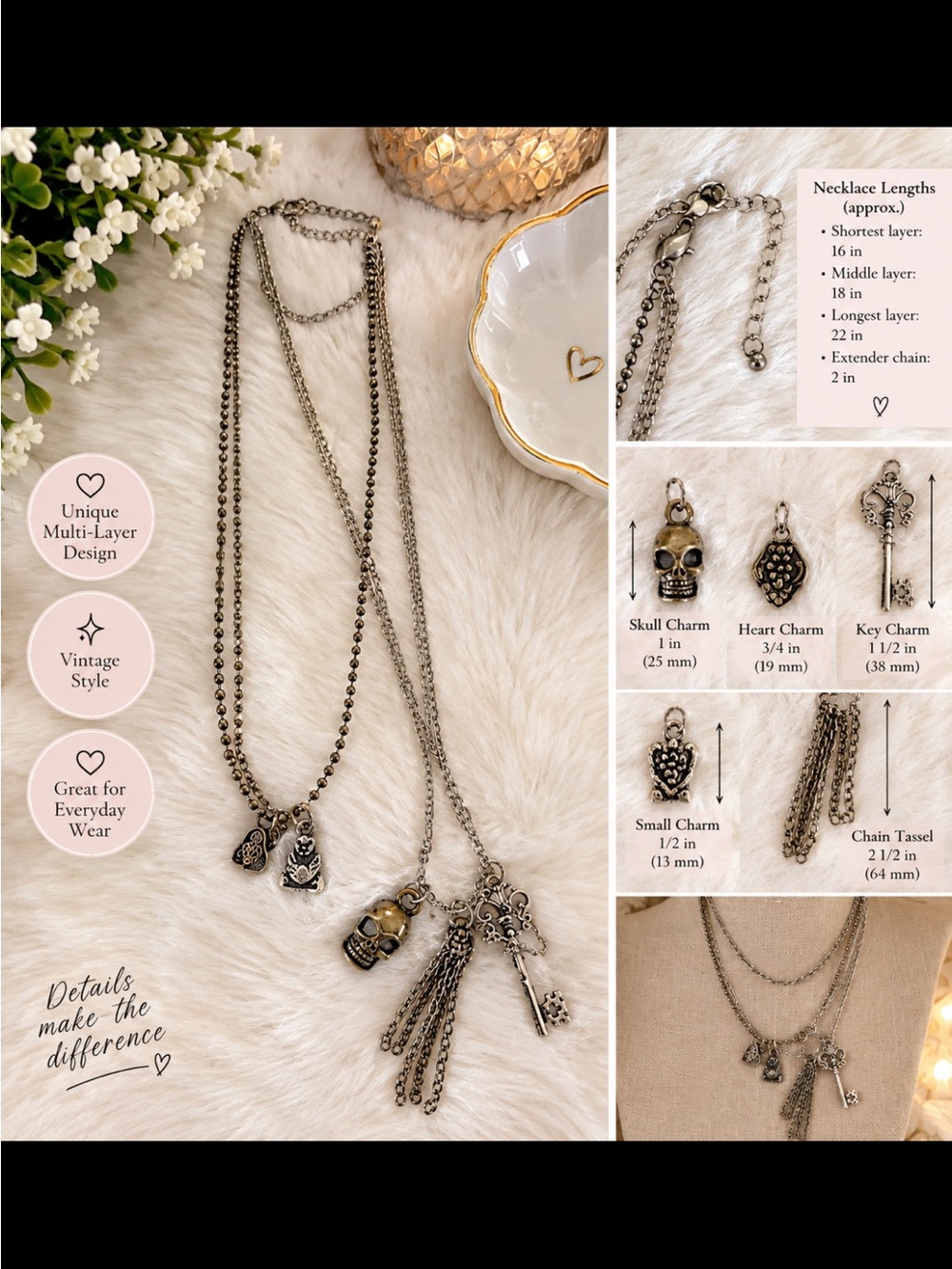 Layered Silver-Tone Charm Necklace with Skull, Heart & Key Charms